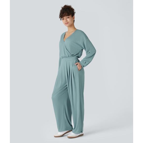 V Neck Long Sleeve Pleated Pocket Adjustable Drawstring Hem Waffle Casual Jump - Picture 2 of 7